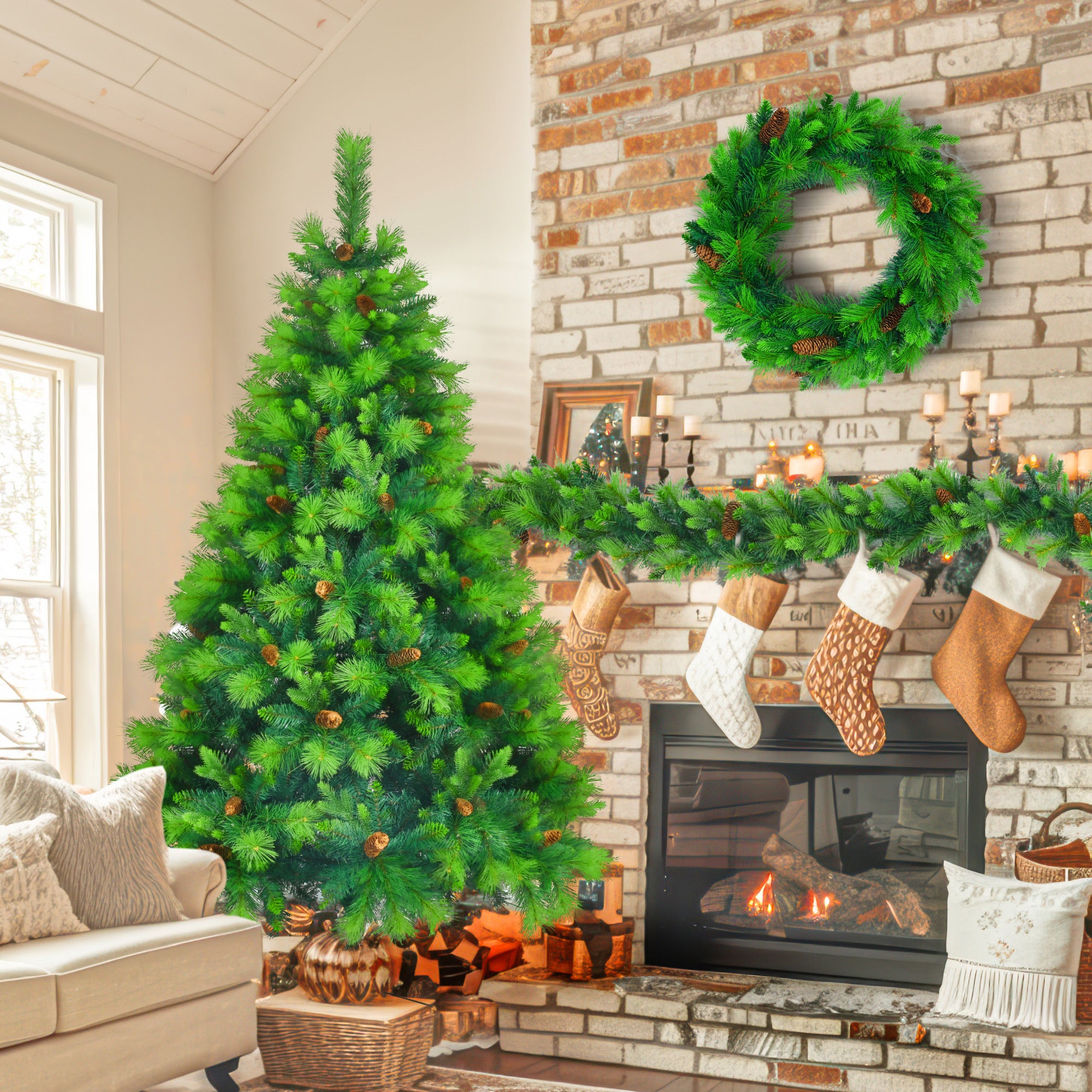 Lighting Set With Tree & Garlands, With Pine Cone