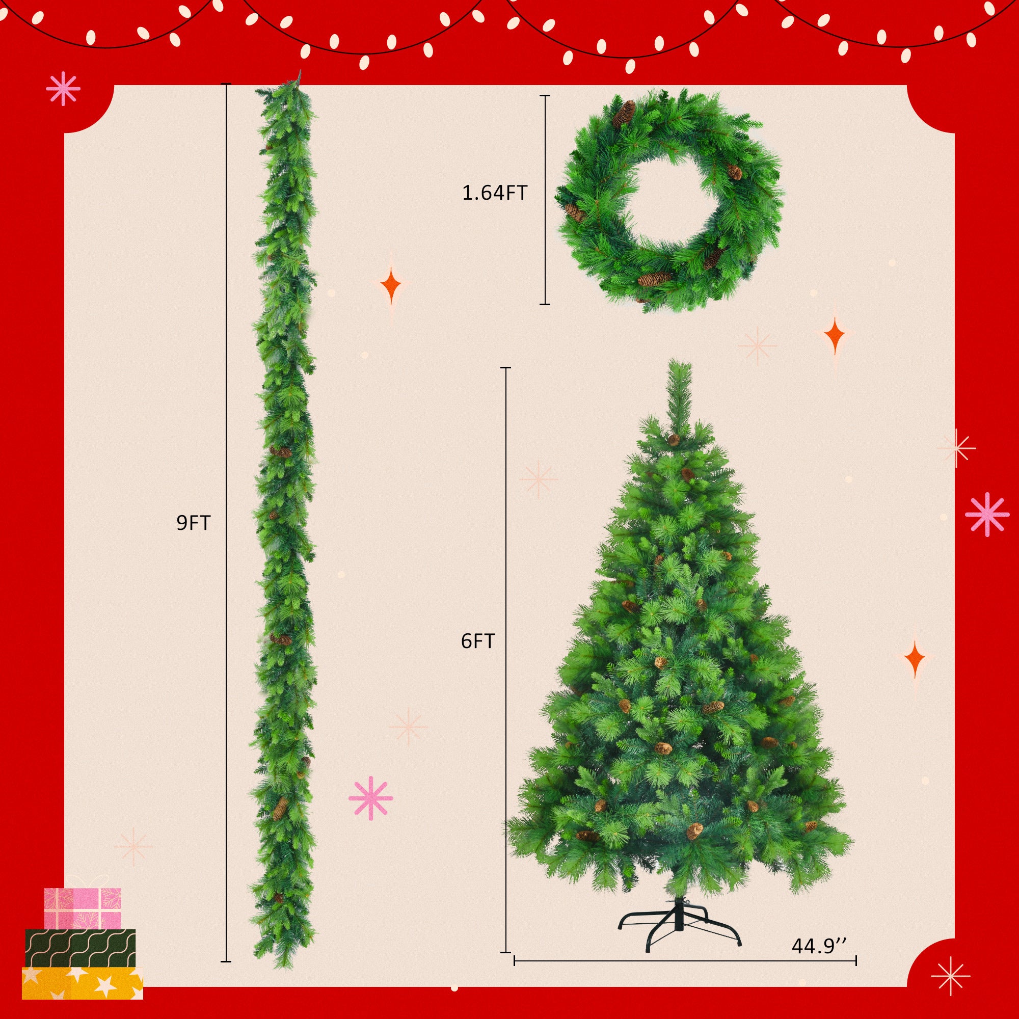 Lighting Set With Tree & Garlands, With Pine Cone